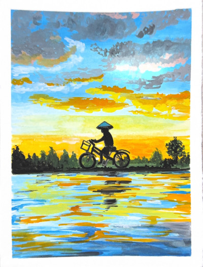 Easy Painting Ideas for Beginners A Man Riding a bicycle by the lake Painting