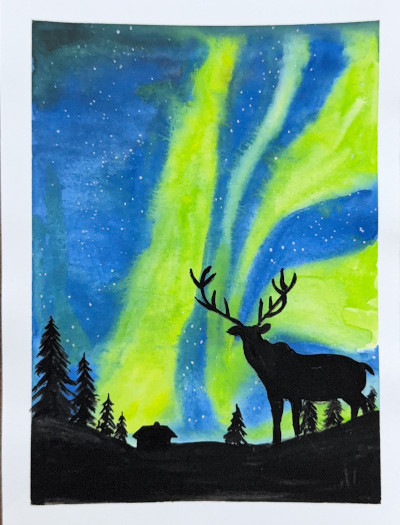 Easy Painting Ideas for Beginners Reindeer Northern Lights Watercolor Painting